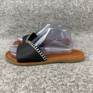 ✅ Womens 9.5 Toms Sandals Black Leather Upper Slide Stitch Detail Casual Comfort